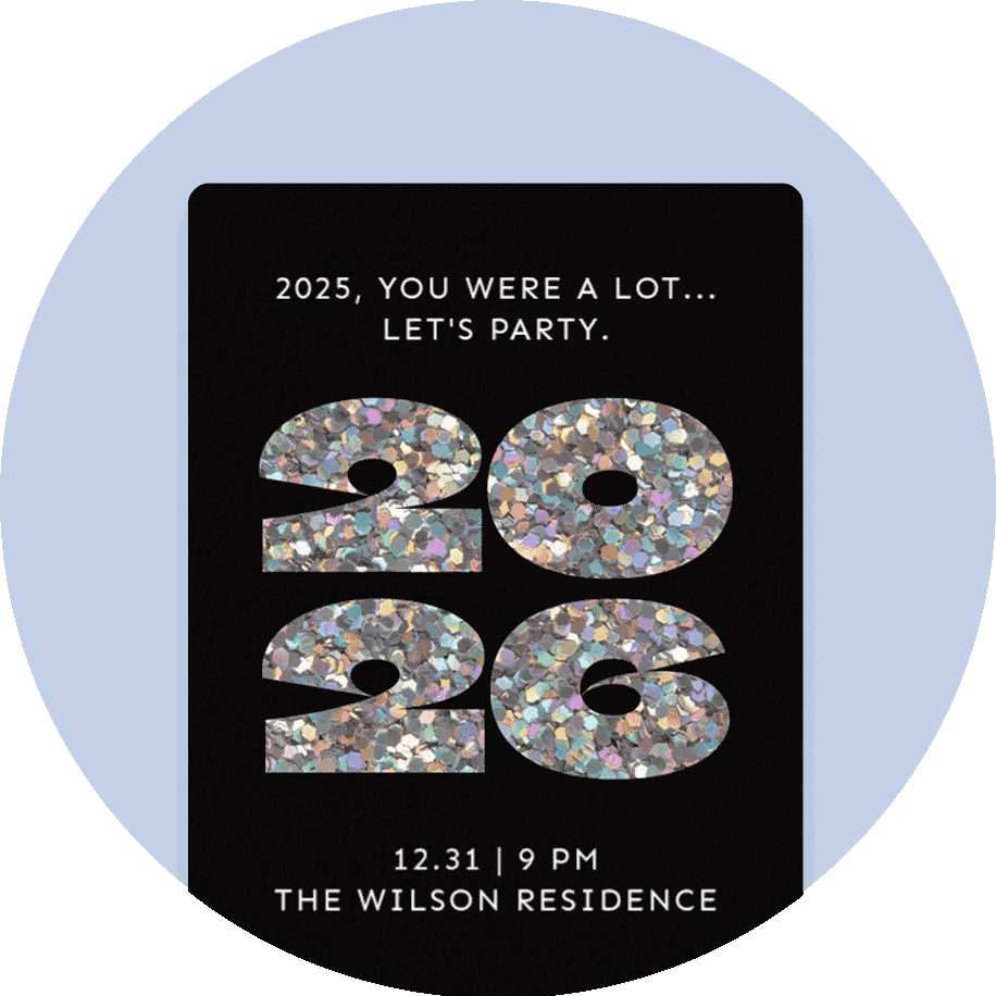 A black Invitation with “2026” in animated silver sparkles. 
