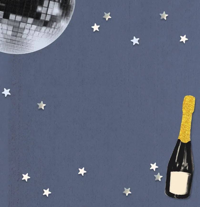 A dusty blue background with silver stars, a disco ball, and a champagne bottle.
