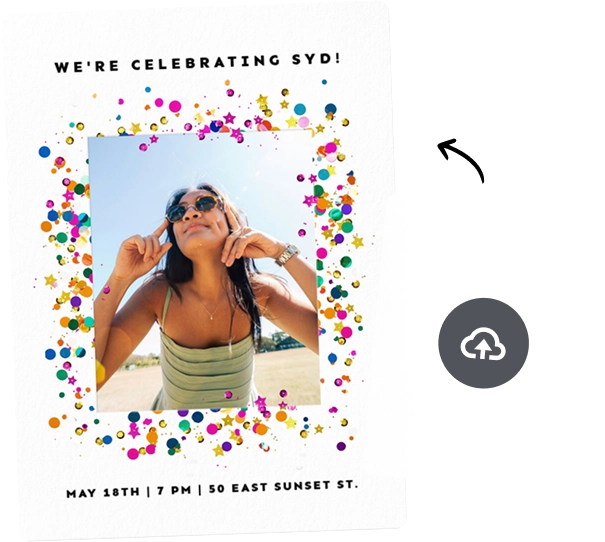 An photo Invitation with colorful confetti around a photo of a woman in sunglasses.