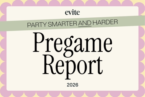 Graphic cover for Evite’s Pregame Report 2026 with pastel scalloped border and the tagline ‘Party Smarter and Harder.’