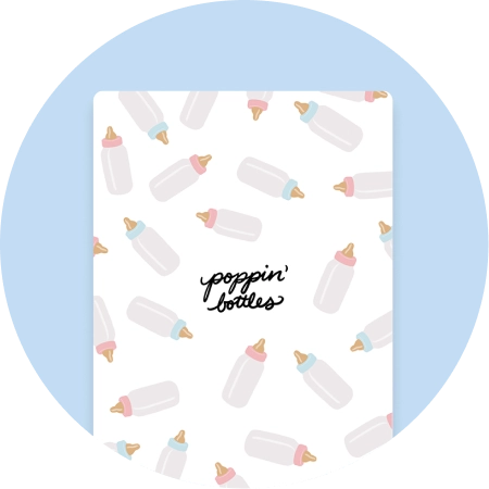 A fun baby shower greeting card that features illustrations of bottles all over it and text in the center reading "Poppin' bottles.