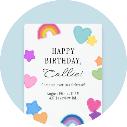 A white Invitation with black text and colorful patches in the shapes of hearts, stars, and rainbows around the edges. 