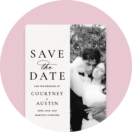 Invitation with a white, paper texture background on one half and a black and white photo on the other half. 