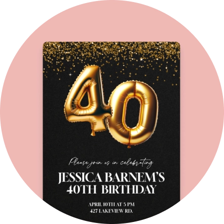 A black Invitation with a gold foil number balloon and gold sparkles at the top. 