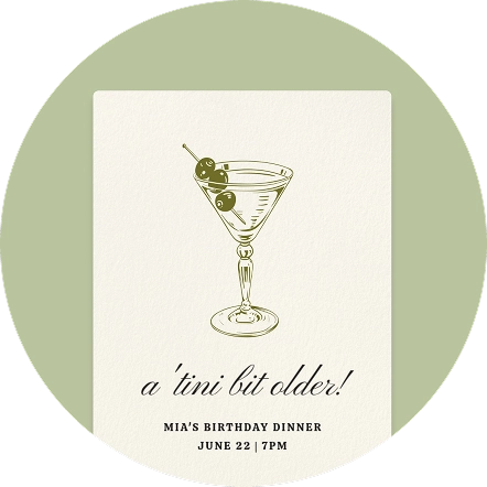 A light green Invitation with an olive green drawing of a martini with three olives. 