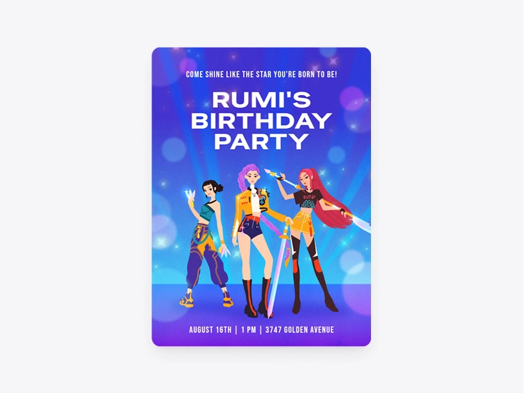 A purple and blue Invitation with three cartoon character demon hunters. 