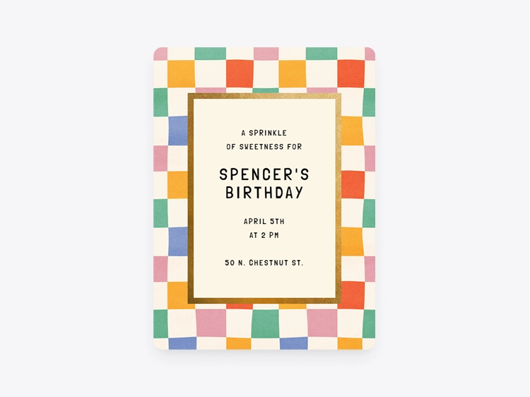 A beige Invitation with a rainbow checker border and a gold rectangle frame in the center. 