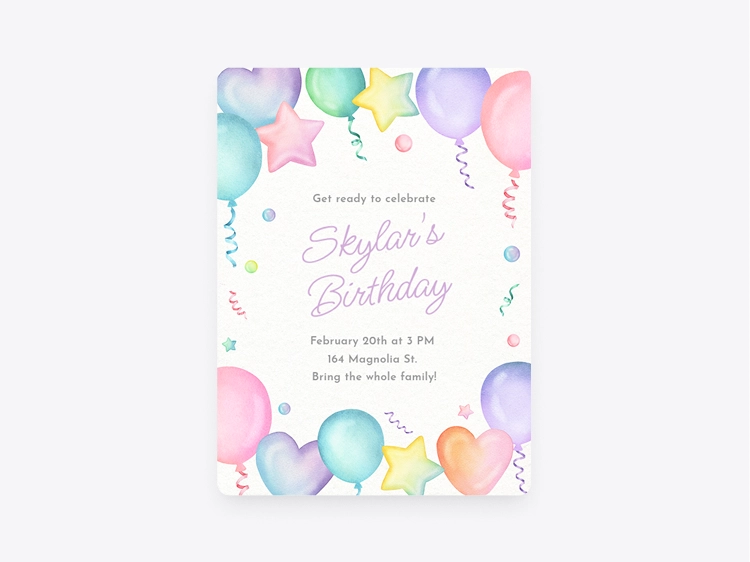 A white Invitation with pastel watercolor balloons, stars, hearts, and confetti in rainbow colors. 