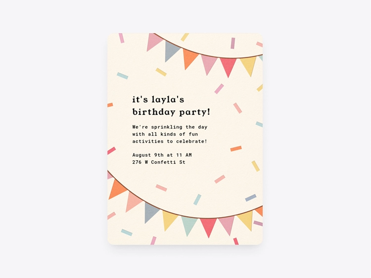 A beige Invitation with pastel rainbow confetti and two pastel rainbow flag banners hanging across. 