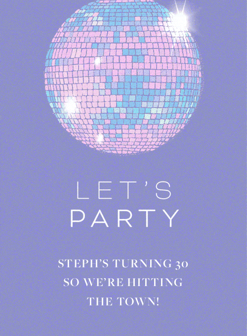 An animated birthday card with a spinning, shimmering disco ball against a pastel purple background. Text on the card says "It's your time to shine."