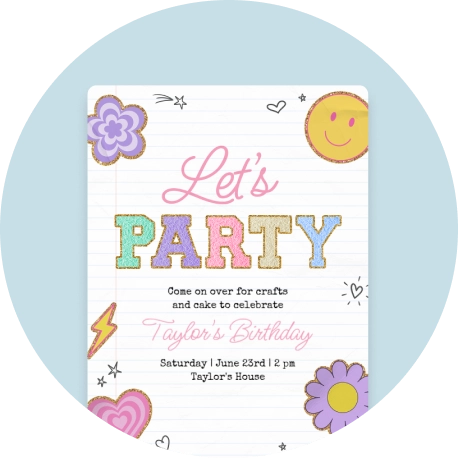 An invitation with college rule paper and stamps as the background and 'Let's Party' printed on it.