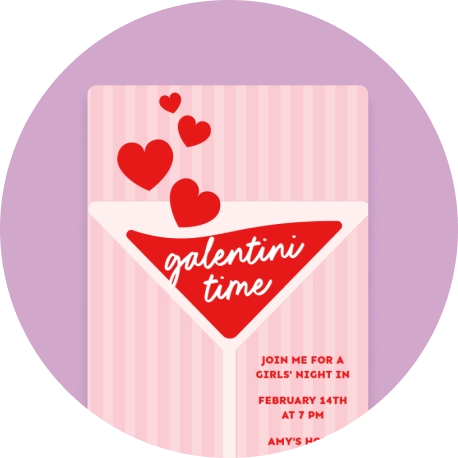 A pink striped invitation with a martini glass with red hearts floating out of it with 'galentini time' on it.