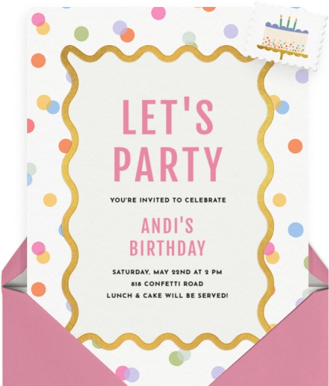A cream colored invitation with confetti border and "Let's Party" written across it.