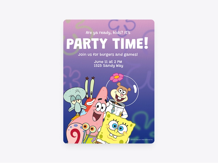 SpongeBob SquarePants and friends invitation with 'Are you ready, kids? It's Party Time!" written on it.