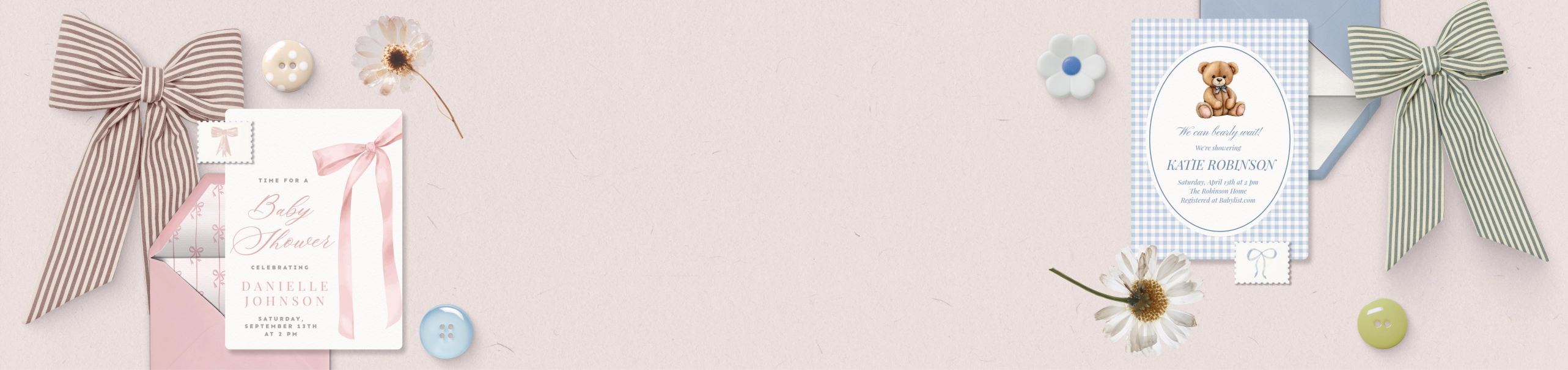 A beige background with bows, flowers, and a pink and blue baby shower Invitation on either side. 
