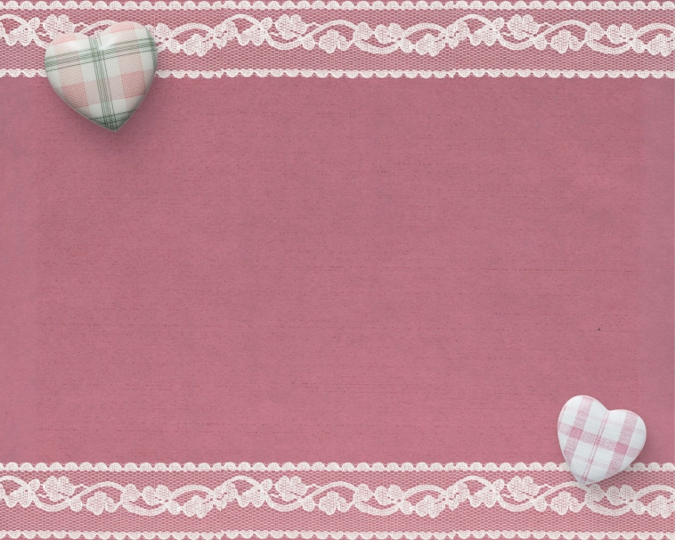A pink background with white lace, heart buttons.