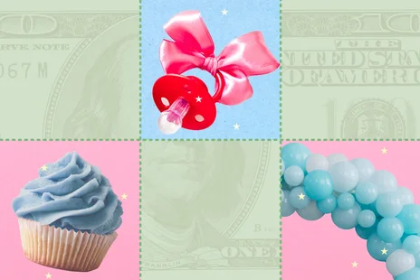 Collage with a baby pacifier with a pink bow, a cupcake with blue frosting, and a blue and white balloon arch on colorful backgrounds.