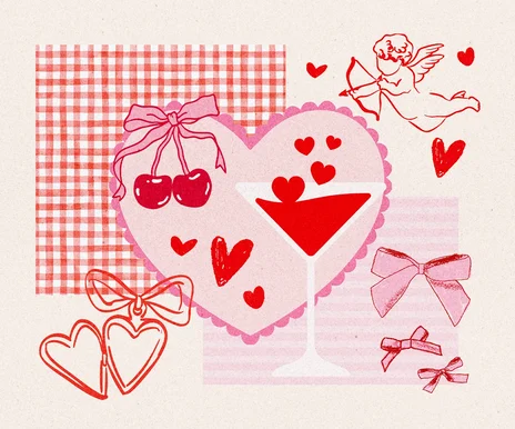 A hand drawn collage featuring a red plaid print, an image of cupid, cherries, hearts, and bows in festive Valentine's Day colors.