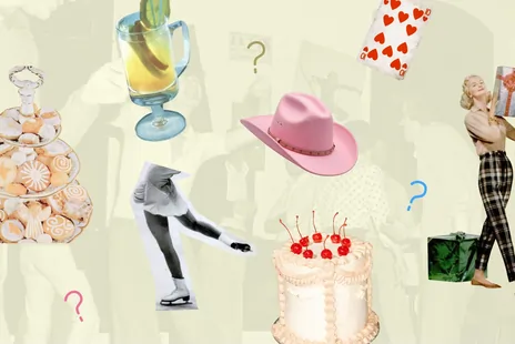 Collage with a pink cowboy hat, ice skater, layered cake with cherries, stack of cookies, glass with lemon drink, playing cards, question marks, and a woman holding a gift box.
