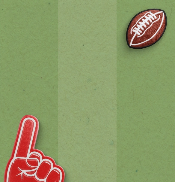 A green striped background with a football and foam finger motif.