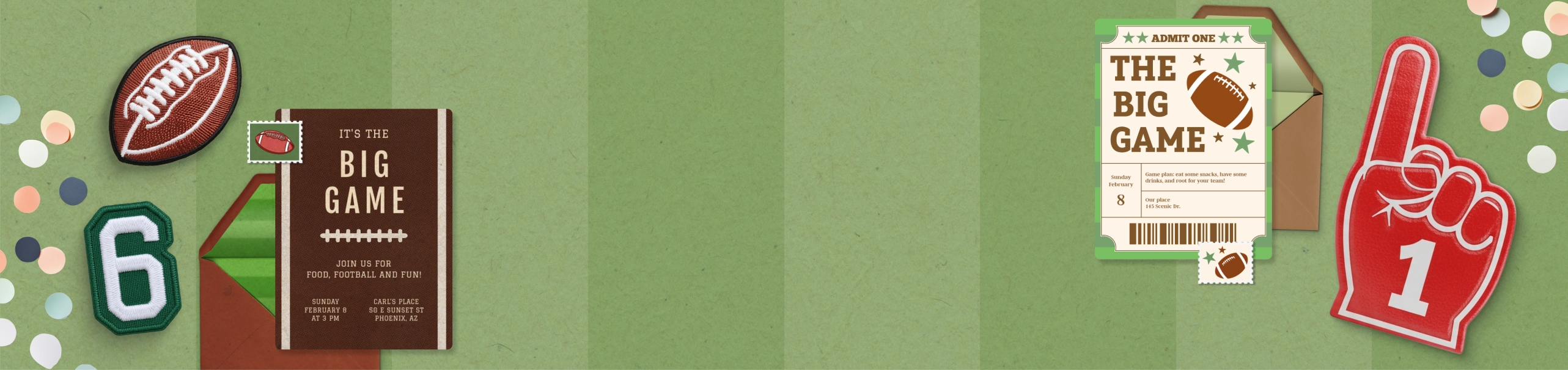 A green striped background with a football and foam finger motif, plus two football party Invitations.