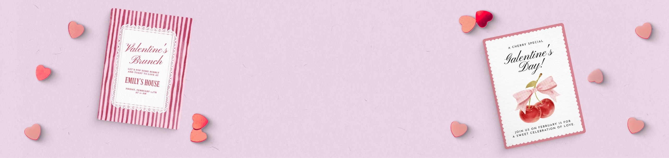 A pink background with red and pink hearts plus two pink Valentine’s day invitations.