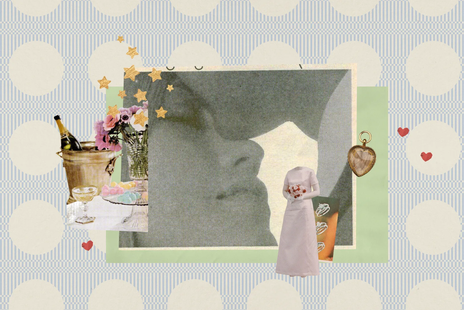 Vintage-style collage of a couple about to kiss, with cutout wedding details on a textured pastel background.