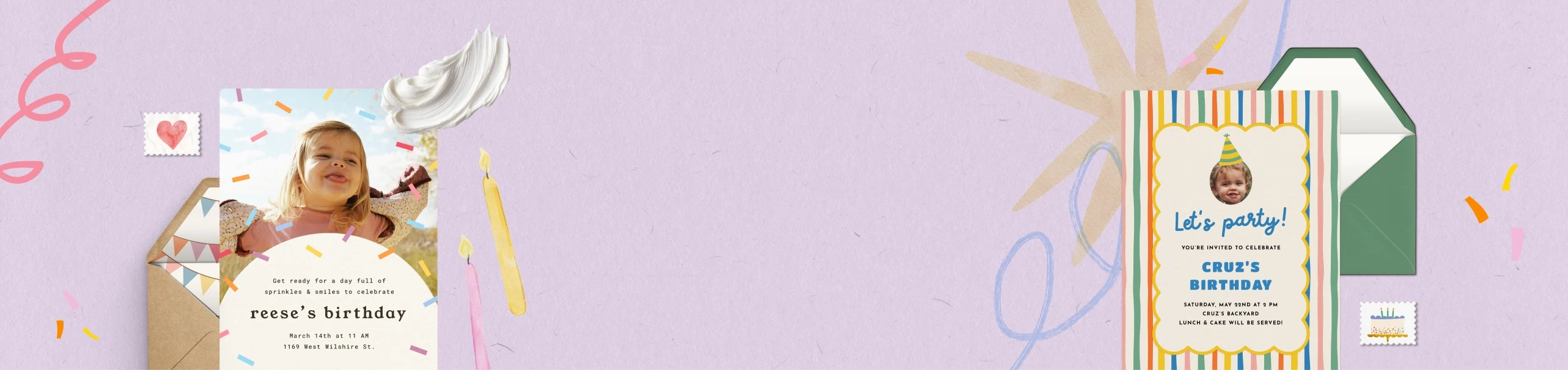 Hero banner featuring colorful kids’ birthday invitations on a pastel purple background with confetti and playful doodles.