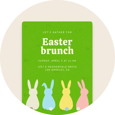 An Easter greeting card that says "Happy Easter" against a grassy background, with six pastel-colored bunnies above and below the text.