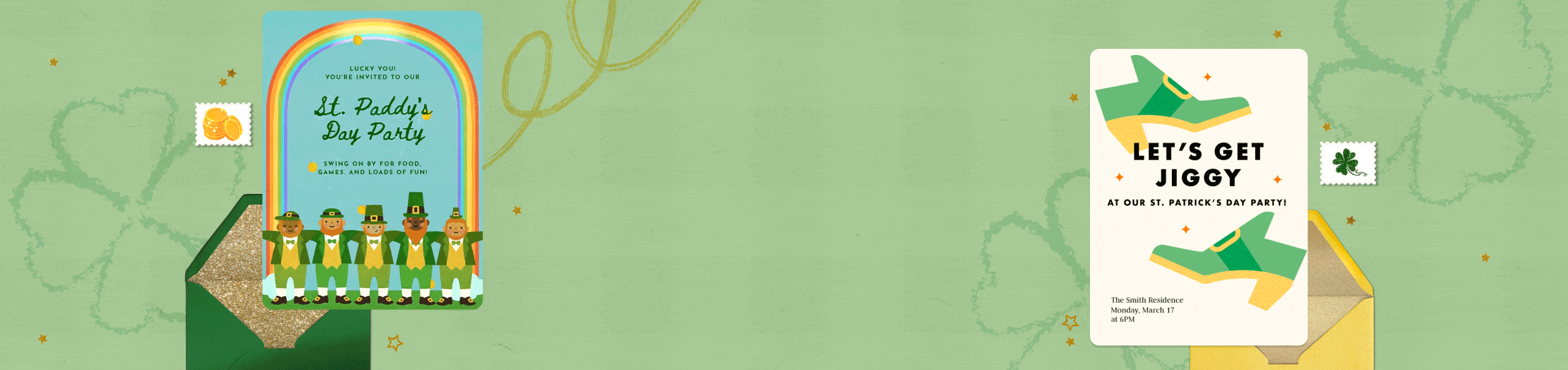 A green stripe background with clover drawings and two St. Patrick’s Day party invitations. 