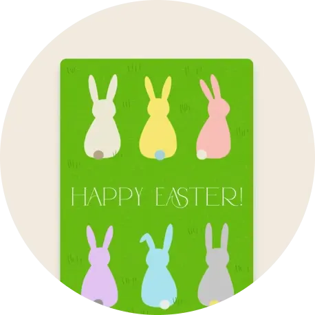 An Easter greeting card that says "Happy Easter" against a grassy background, with six pastel-colored bunnies above and below the text.