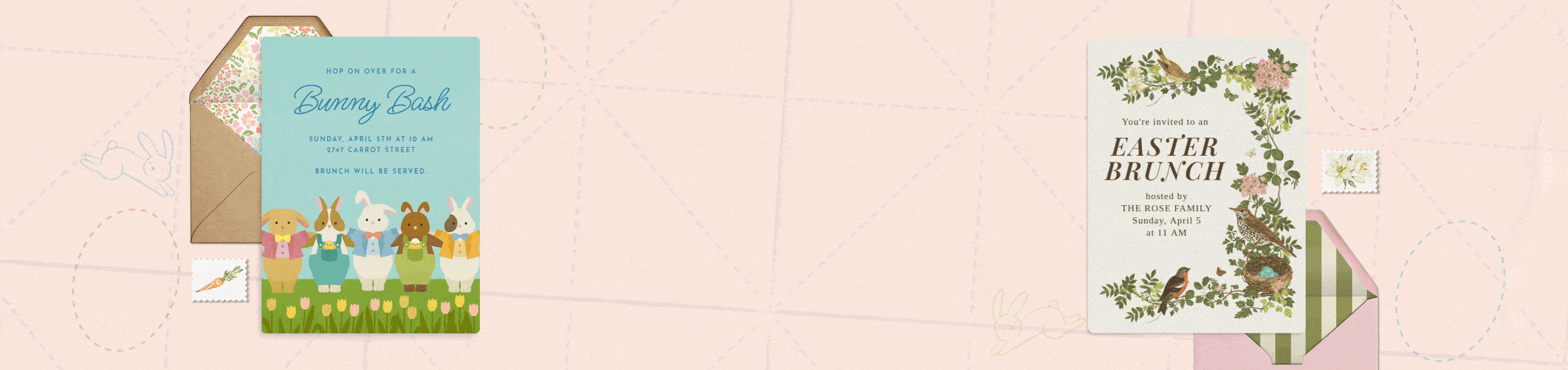 One animated Easter invitation with dancing bunnies in outfits and one static Easter invitation with flowers and birds against a pastel background.