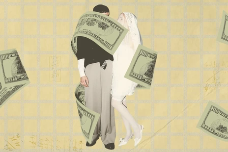 Collage of a bride in a white veil standing beside a person in wide-leg trousers, with oversized dollar bills wrapped around them against a yellow patterned background.