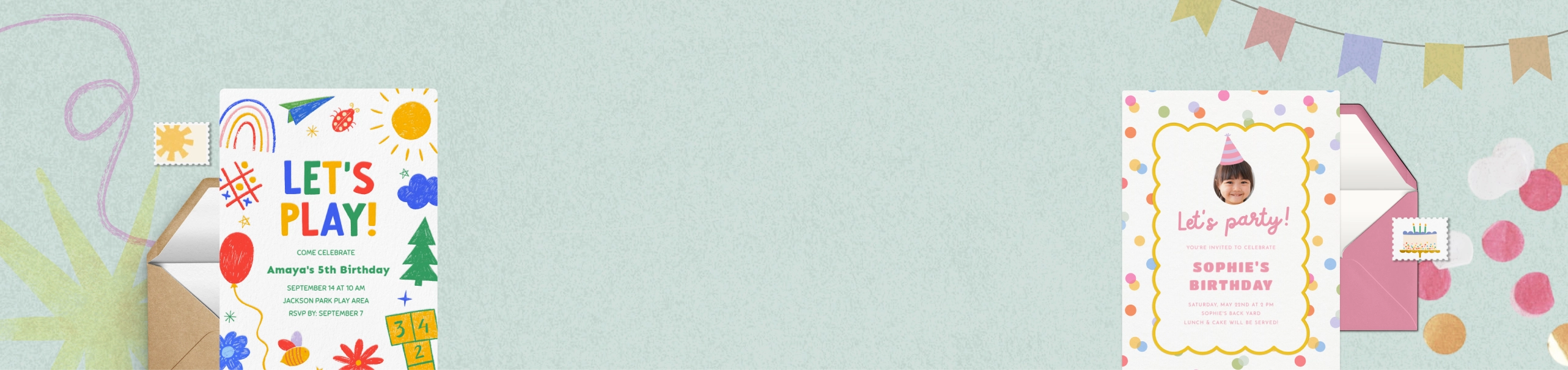 Colorful kids’ birthday invitations with playful doodles, confetti, and envelopes on a pastel background.