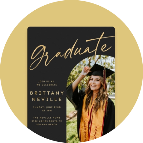 Graduation party invitation with black and gold design featuring a smiling graduate in cap and gown.