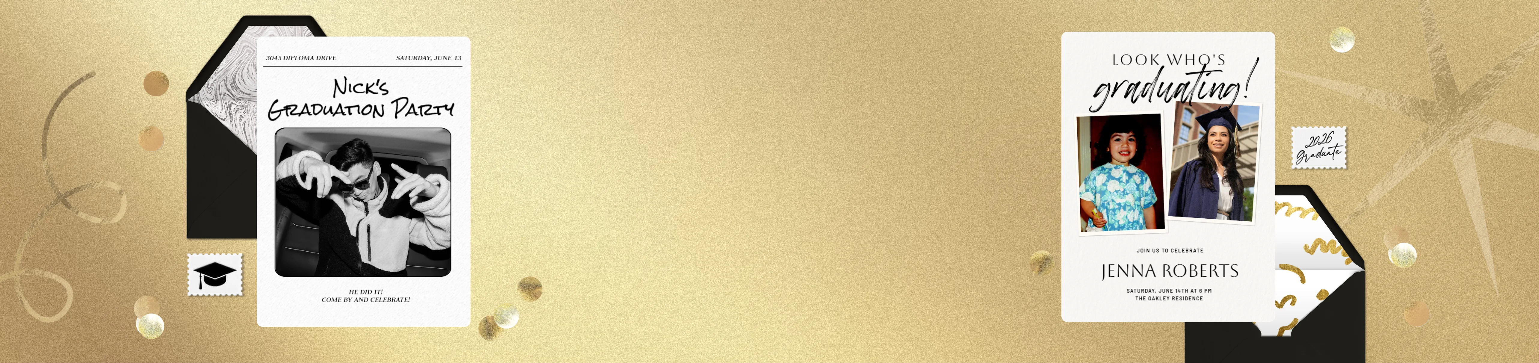 Two graduation photo invitations against a gold background, sprinkled with gold confetti