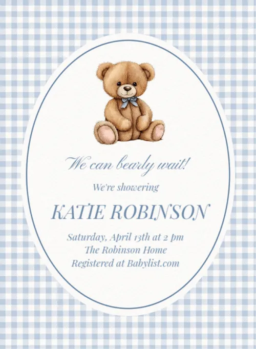 Baby shower invitation template with a teddy bear on gingham.