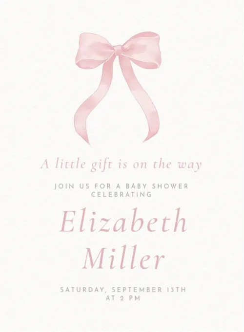 Baby shower invitation template with a pink bow and elegant script.