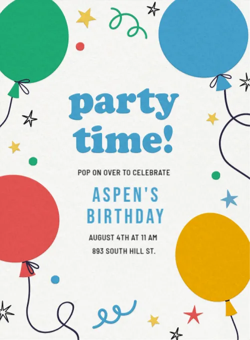 Colorful kids' birthday party invitation template with balloons and playful typography.