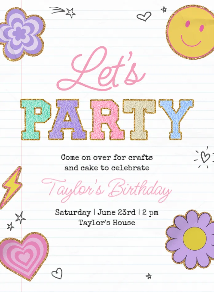 Colorful kids' birthday party invitation template with flowers, and playful typography.
