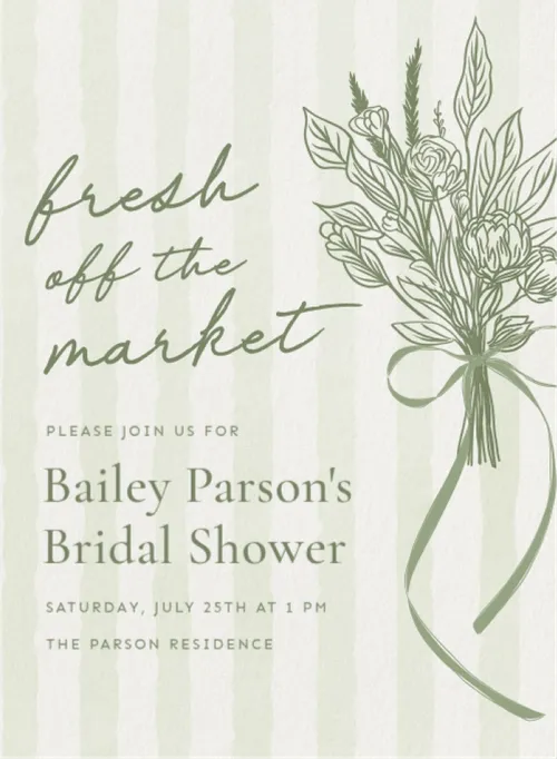 Bridal shower invitation template with a botanical illustration on a striped background.