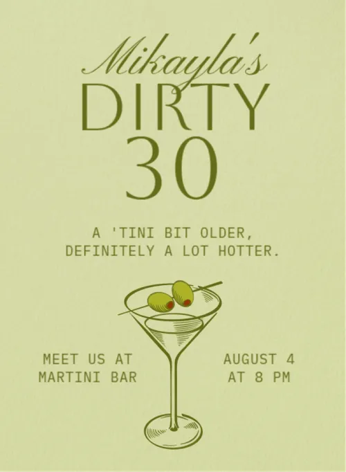 Milestone birthday invitation templates for a 30th birthday with a martini glass illustration.