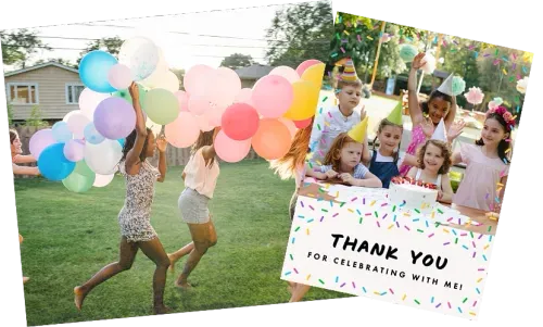 A picture of children playing with colorful balloons outdoors alongside a confetti-bordered photo thank you card.