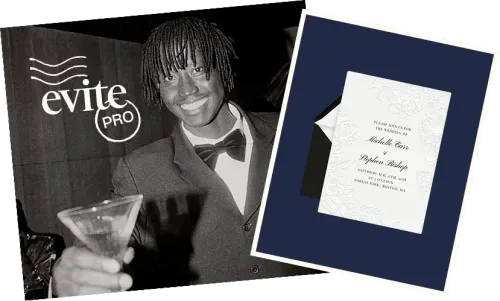 A black-and-white photo of a man in formal wear holding a cocktail, overlaid with an Evite Pro logo and an elegant invitation against a navy blue background.