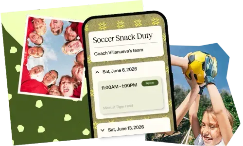 A soccer snack duty SignUp Sheet on a phone screen, collaged with photos of kids playing soccer.
