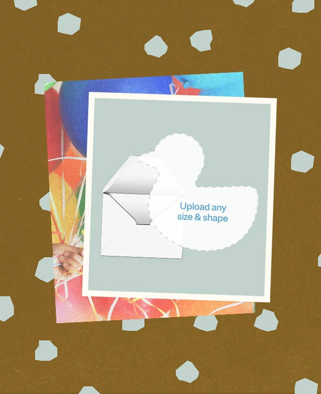 A blank upload-your-own-design invitation in the shape of a duck, against a collage background with balloons and hand-drawn confetti.