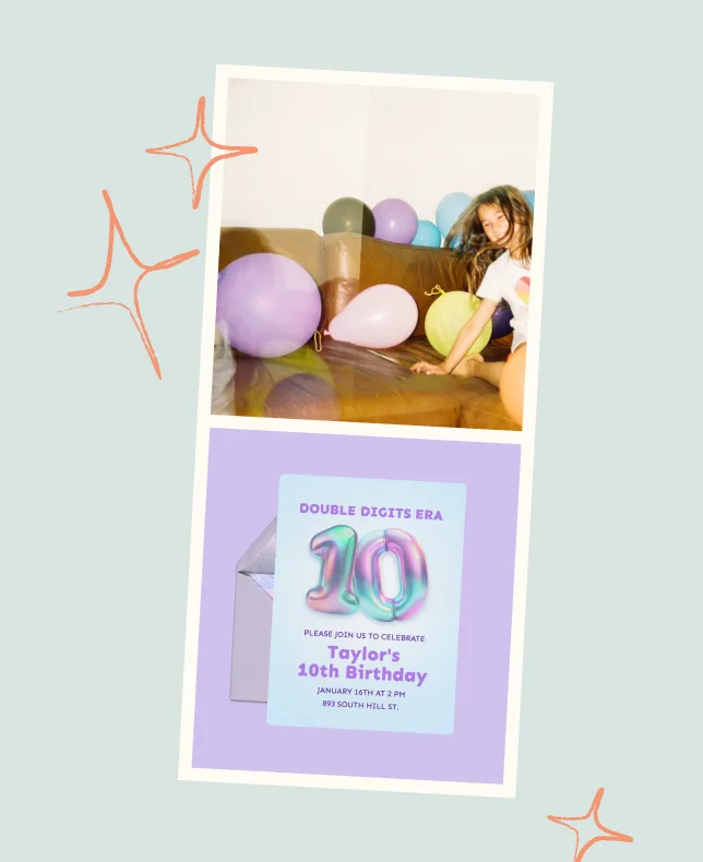 A 10th birthday party invitation in purple, collaged with a photo of a girl sitting among balloons.