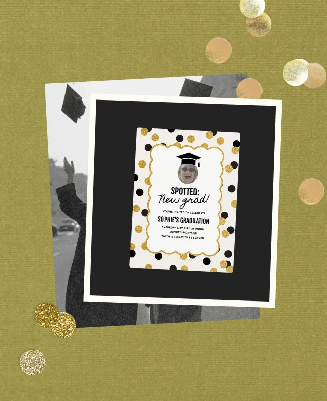 A graduation party invitation on a gold background scattered with confetti and glitter.