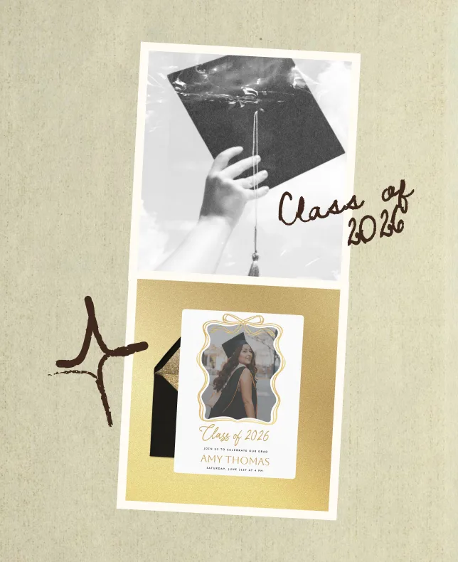 A collage on a tan background with a photo graduation announcement and a "Class of 2026" doodle.