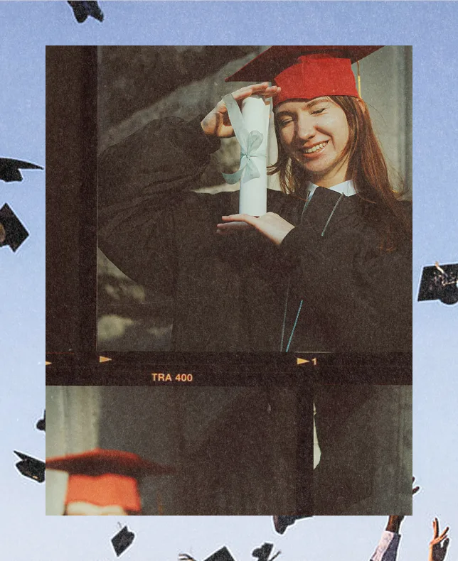 A photo of a smiling graduate in cap and gown holding a diploma, collaged over a photograph of airborne graduation caps.